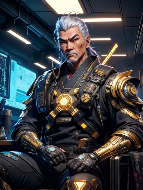 cyberpunk old seventy years old samurai, cyberpunk face enhancement, seventy years old asian man ,in Japanese armor! gold top of kimono siut!, cyberpunk prosthetic arm, cyberpunk face cyberware, male with silver hair, cybernetic face enhancement, Xtreme, b...