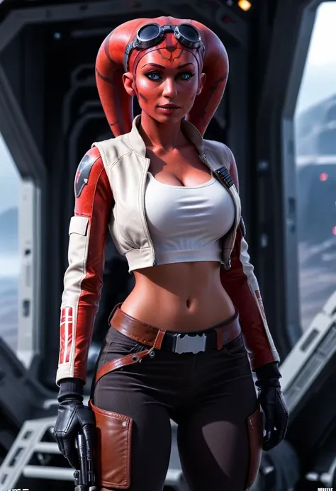 ((red skin)) female twi'lek (((hera syndulla ))), star wars, flight jacket,black gloves, white tanktop, black pants, close up, s...