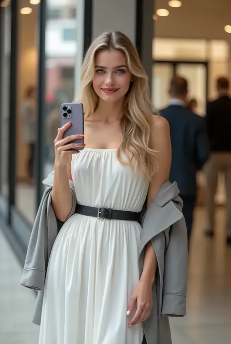 1 young beautiful confident woman,1 white European Polish girl,1 woman in her 20s,long blonde hair,blue eyes,detailed realistic face,detailed realistic eyes,detailed realistic lips,plump red lips,makeup,small grey jacket,white sleeveless maxi dress,black l...