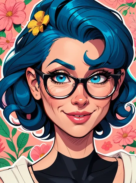 (caricature style:1.2), Cartoon image of a woman with big blue hair., glasses and coffee, Super cute and funky girl, Illustration in cartoon style, Cartoon art style, Cartoon art style, digital illustration style, highly detailed character design, Detailed...