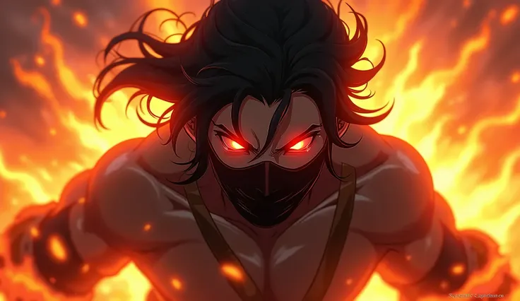 League of Legends style anime fighter, face glued to the camera, half face mask, intense expression, warrior swallowed by fire and flames, black silhouette with scarlet red eyes, dramatic hair, shoulders visible, bandaged hands, blurred background.