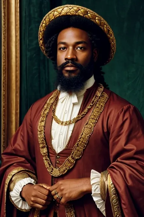 Renaissance style painting of african american man with mustache and beard wearing gold chains and dressed in fancy 1700s style clothing