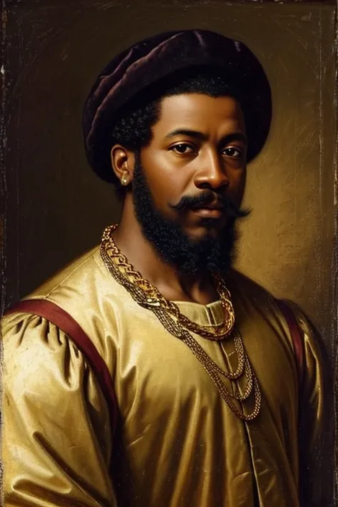 Renaissance style painting of african american man with mustache and beard wearing gold chains and dressed in fancy 1700s style clothing