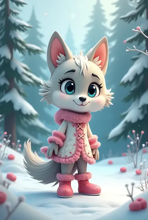 Cartoon wolf , in a Snow Maiden costume , in pink boots , walking through the forestSurrealism, Filling an image, high detail, quality, Very detailed, high quality, 