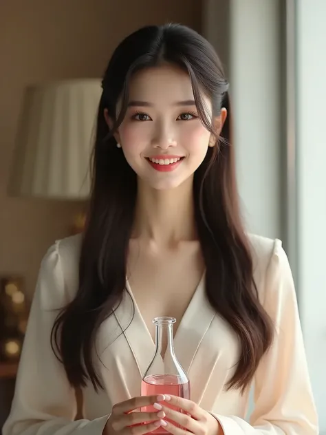 Korean, beautiful, dressed, long and straight hair, Front pose, beautiful smile, holding a glass bottle