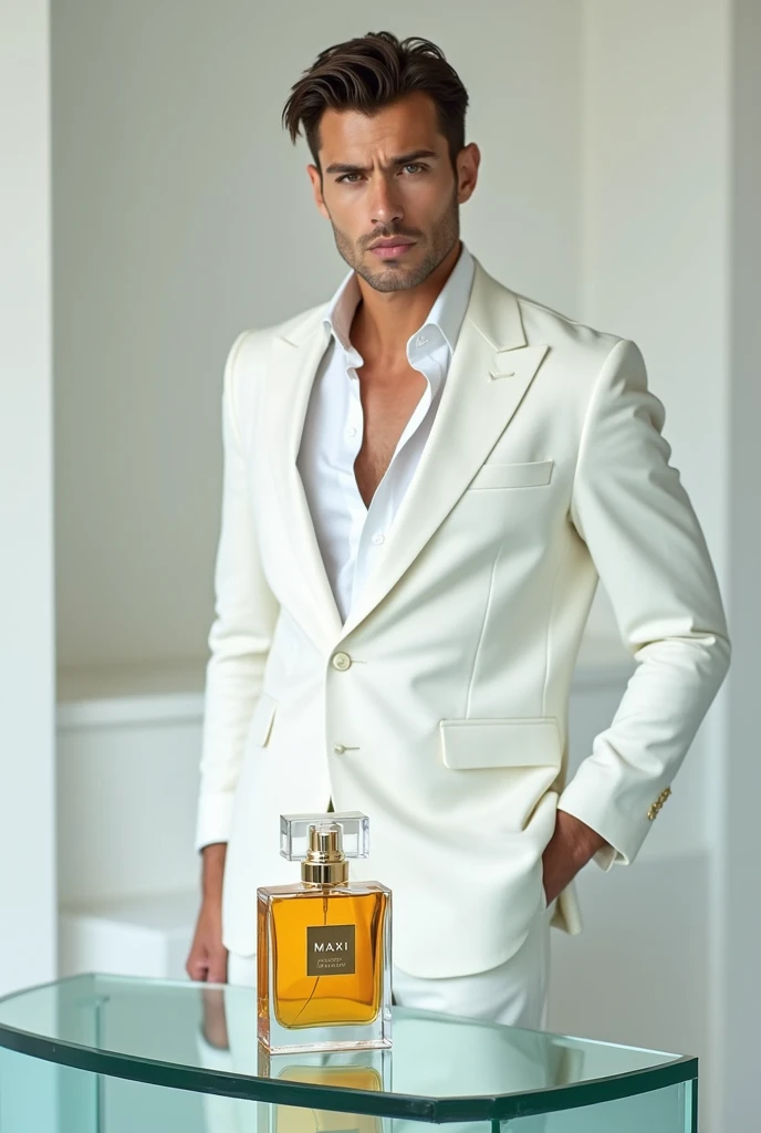 A magazine cover, a handsome young man in a white suit, a glass table in front of him, a perfume named Maxi