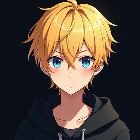 1 face of a blonde, blue-eyed anime male character in a black hoodie and a serious face