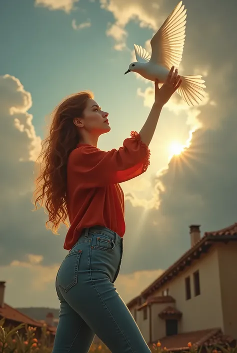 Une image réaliste d’une lanceuse. Elle porte un jean et une longue chemise en dentelle rouge. Ses cheveux étaient longs, rouges comme le feu, bouclés et répartis dans les airs dune manière étonnante. Elle tient dans ses mains une colombe blanche. Il lève ...