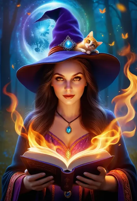 chillblaze, girl 1, witch, conjures, a book in his hand, small kattelok, fire is burning, bright colors, clear drawing of detail...