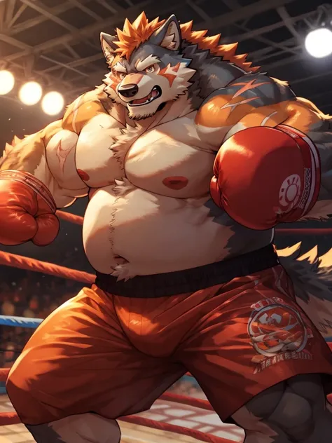 A rugged, heavyweight big belly fat body  man with a round, chubby face, bright orange eyes, and thick orange hair with visible scars, wearing a boxing gloves and boxing shorts, power-less environment, looking exhausted, surrounded by fluffy, furry Yemeni ...