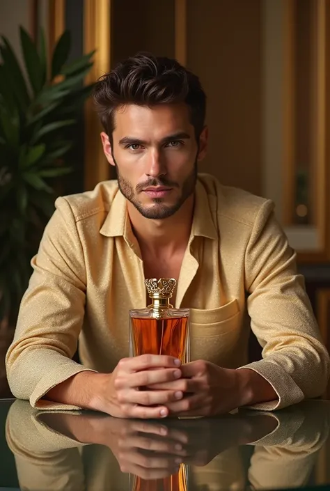 A magazine cover of a handsome man in a golden dress with a perfume with crown-shaped caps in his hand named Maxi and a glass table in front of him