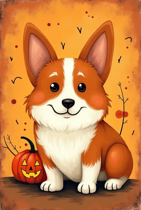 Corgi: quirky appearance folk-art Halloween wall art, vintage art, orange theme