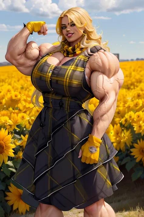 ((Close-up)), tall, (yellow hair) beautiful muscular Latino woman, long flowing hair, light brown skinned, closed smile, (black lipstick), (massive muscles), (hyper muscle), ((ginormous bulky muscles)), gray eyes, ((((sleeveless beautiful long yellow plaid...