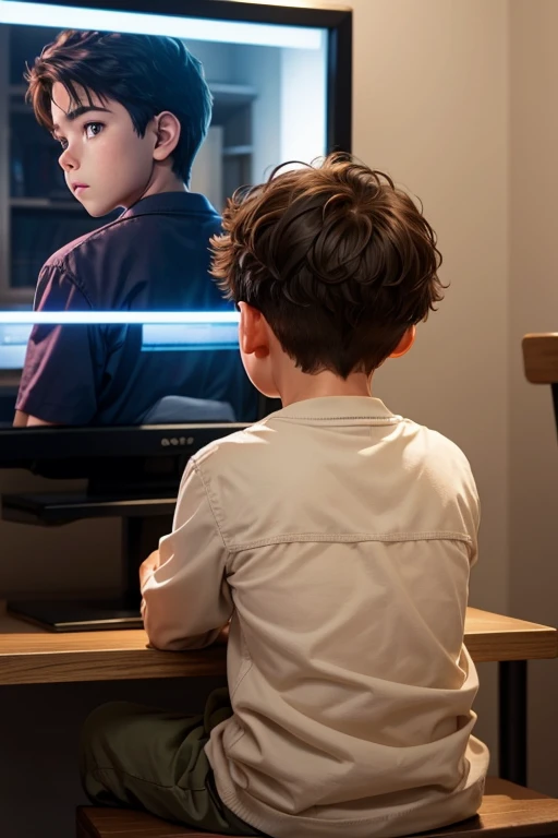 boy sitting with his back turned watching tv