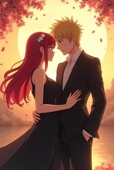 kushina uzumaki, Red hair, 8K, perfect anatomy, Anime style artwork, black dress, long hair, wedding ring, elegant, be with her husband Minato Namikaze short hair, amarrillo, Black suit, 8K, perfect anatomy, elegant, with wedding ring