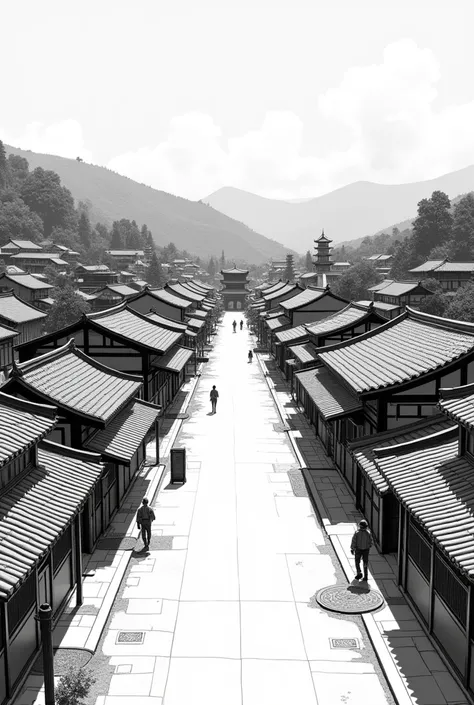 Black and white manga style village scenes without any characters don&#39;t need to be very realistic and the streets need to be more spacious., big 