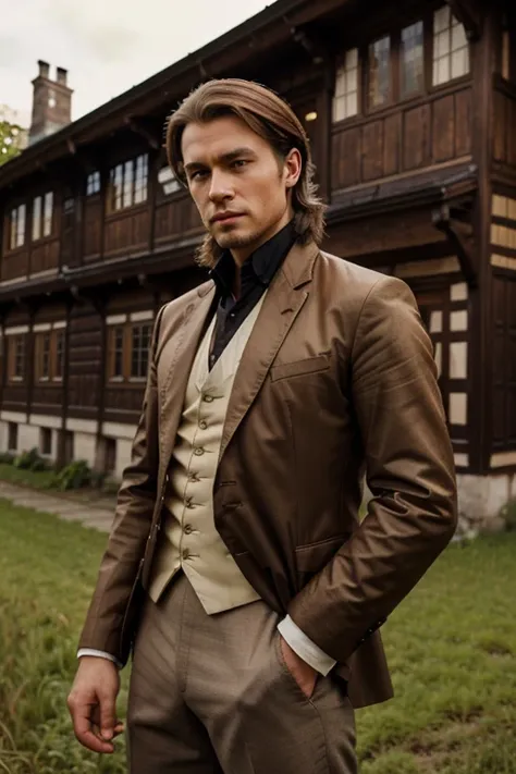 Handsome guy in clothes Russia 18th century. stands sideways. In the background is a three-story wooden manor from the 18th century.. tall grass. He has shoulder-length brown hair.