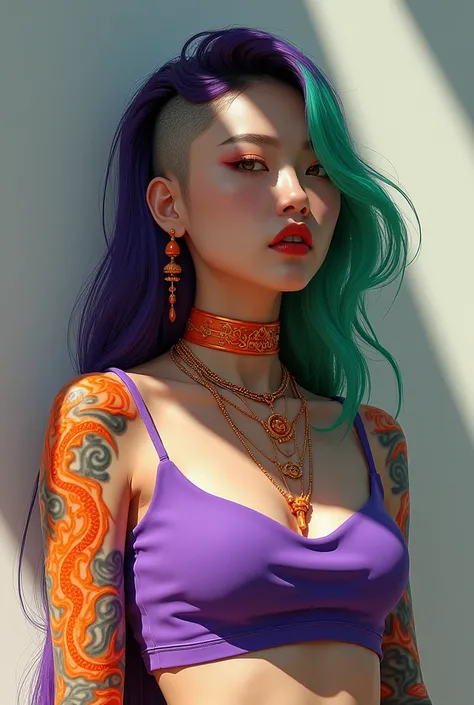 highly stylized portrait of a Korean woman with an alternative appearance. The woman has long, flowing purple hair that transitions from a dark color at the roots to a lighter neon green shade at the ends. One side of their head is shaved, creating an unde...