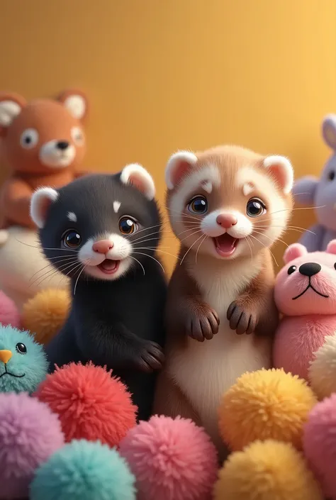 A black ferret with a white snout and another young brown sable mask ferret, happy, on a background of stuffed animals of different colors.
