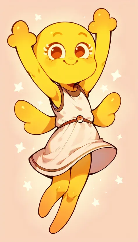 Penny Fitzgerald, penny_unshelled, alone, cute, smiling, yellow body, kid, yellow wings, pink cute sleeveless dress, full body, arms up