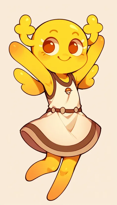 Penny Fitzgerald, penny_unshelled, alone, cute, smiling, yellow body, kid, yellow wings, pink cute sleeveless dress, full body, arms up