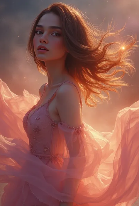 a young woman with long beautiful hair, in a cute idol dress, detailed facial features, hyperrealistic, 8k, highly detailed, cinematic lighting, digital painting, vibrant colors, glowing skin, intricate folds in dress, flowing hair, beautiful eyes, perfect...