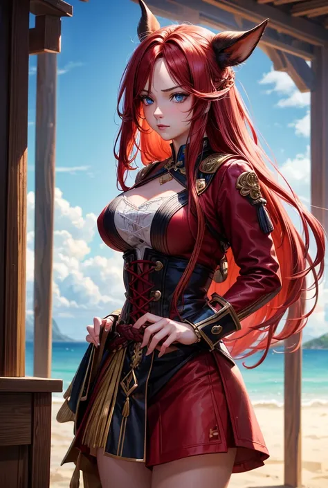 a beautiful girl with long red hair, blu eyes, wearing a red pirate outfit, large and prominent breasts, detailed intricate face, long braided hair, photorealistic, high quality, 8k, masterpiece, (best quality,4k,8k,highres,masterpiece:1.2),ultra-detailed,...