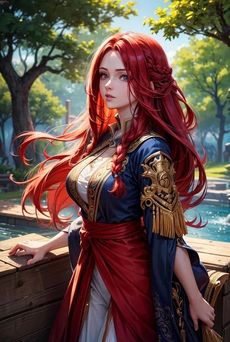 a beautiful girl with long red hair, blu eyes, wearing a red pirate outfit, large and prominent breasts, detailed intricate face, long braided hair, photorealistic, high quality, 8k, masterpiece, (best quality,4k,8k,highres,masterpiece:1.2),ultra-detailed,...