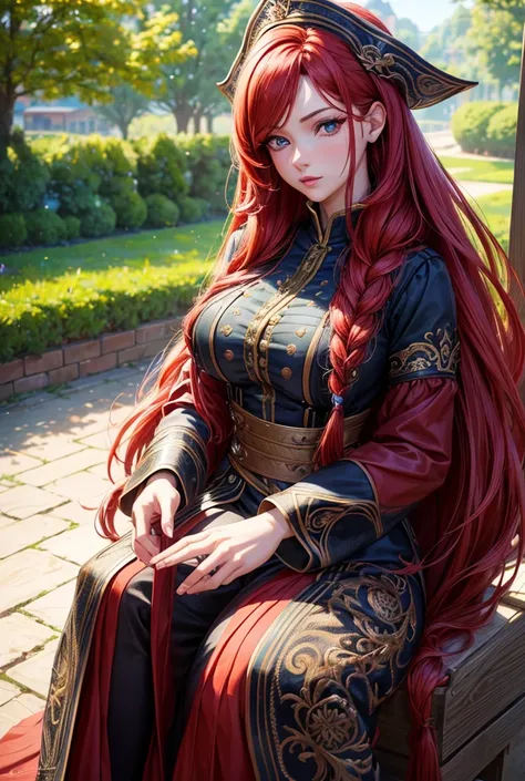 a beautiful girl with long red hair, blu eyes, wearing a red pirate outfit, large and prominent breasts, detailed intricate face, long braided hair, photorealistic, high quality, 8k, masterpiece, (best quality,4k,8k,highres,masterpiece:1.2),ultra-detailed,...