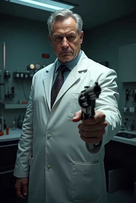 Tall middle-aged man in a lab coat with a revolver in his hand 