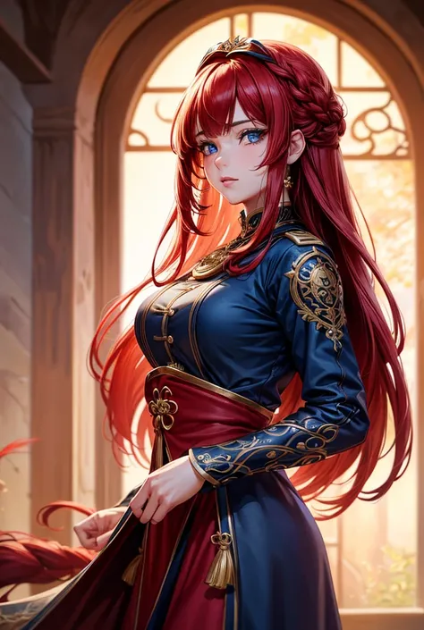 a beautiful girl with long red hair, blu eyes, wearing a red pirate outfit, large and prominent breasts, detailed intricate face, long braided hair, photorealistic, high quality, 8k, masterpiece, (best quality,4k,8k,highres,masterpiece:1.2),ultra-detailed,...