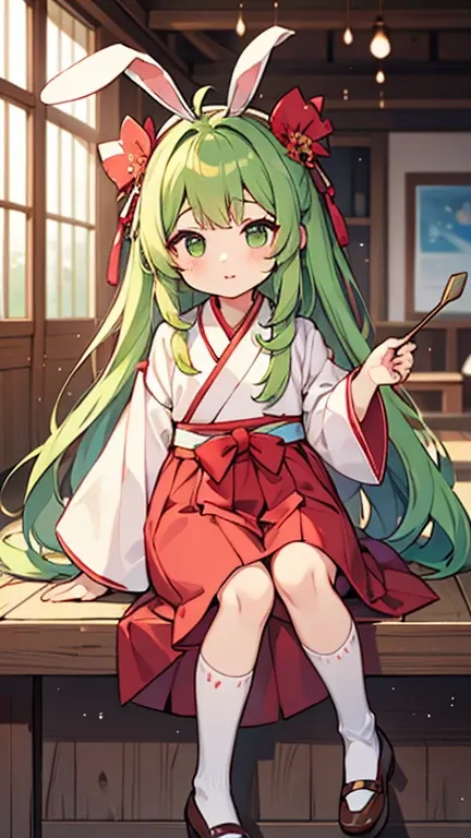 A girl,Long green hair,Green eyes,Light green protruding antennae,Wearing a rabbit headband,Hanbok,연초록색 Hanbok 상의,연초록색 Hanbok 치마,white socks,연두색 Hanbok 신발