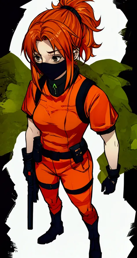 a orange hair  woman, with a miltar  green combat suit,black eyes