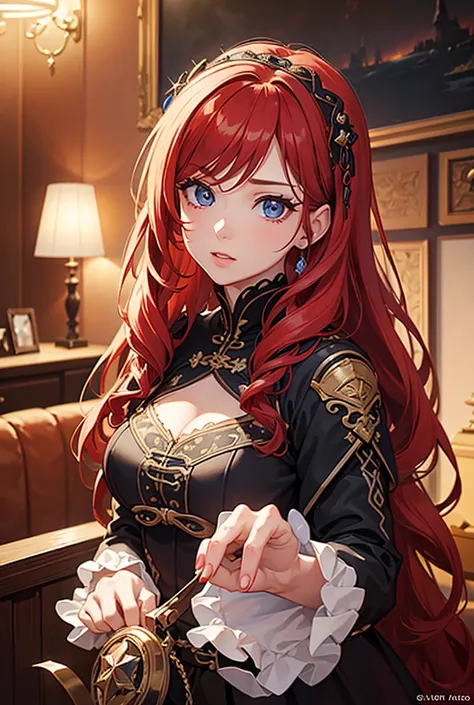 a beautiful girl with long red hair, blu eyes, wearing a red pirate outfit, large and prominent breasts, detailed intricate face, long braided hair, photorealistic, high quality, 8k, masterpiece, (best quality,4k,8k,highres,masterpiece:1.2),ultra-detailed,...