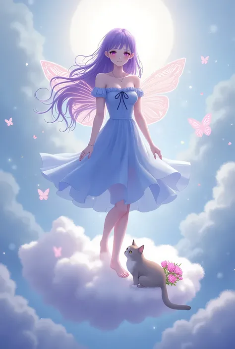 (extremely detailed, best quality), floating, an extremely delicate and beautiful dream-like scene,, , [(1girl),(long purple hair), detailed face, neck ribbon, elegant blue dress, standing on a cloud, (wide shot), (mysterious atmosphere):1.5],, , [(butterf...