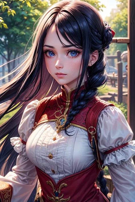 a beautiful girl with long lilas  hair, blu eyes, wearing a red pirate outfit, large and prominent breasts, detailed intricate face, long braided hair, photorealistic, high quality, 8k, masterpiece, (best quality,4k,8k,highres,masterpiece:1.2),ultra-detail...