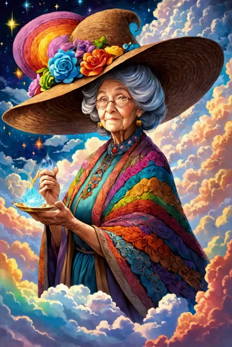 Grandma with a big hat, lots of magic and lots of colors ,The face is emerging from a cloud of many colors 