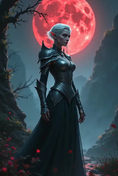 Dark fantasy, blood moon, night, nature, full-length, majestic, elf, woman, short platinum hair, pointed ears, blue eyes, snide smile, dangling earrings in ears, in silver armor, nature, magic, witchcraft, conjures, hd