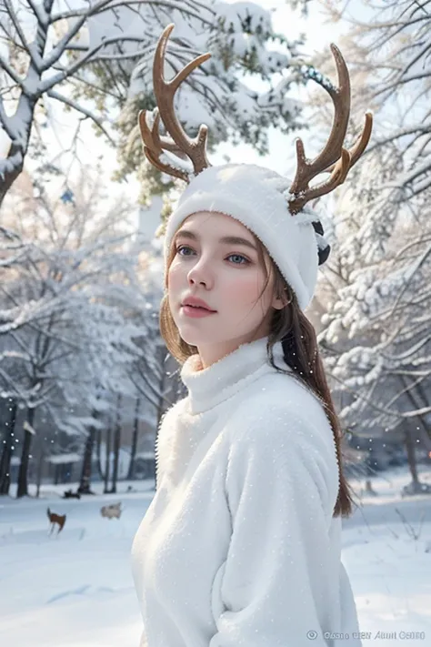 The deer of ice and snow that comes quietly, The pure white body makes the wonderland of ice and snow a reality., A Caucasian woman exhales white air into the clear air, and the ethereal tree together form a dreamlike scene, High-quality CG portrays a magn...