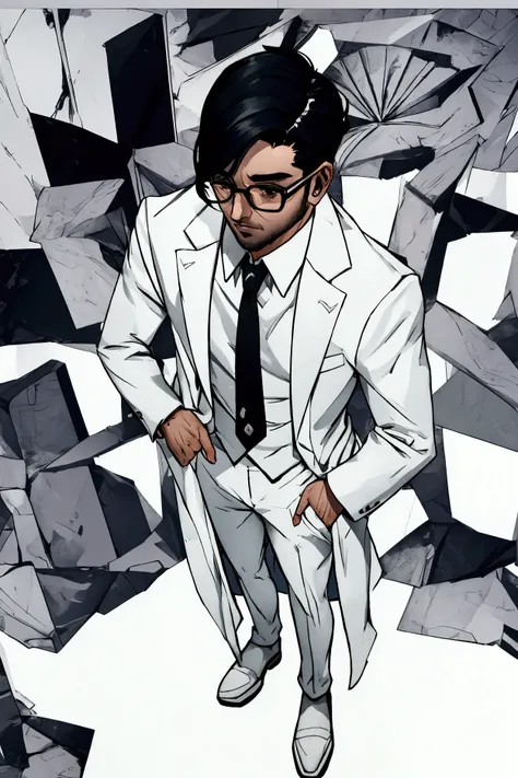 a man with black hair, glasses, white clothes, full body