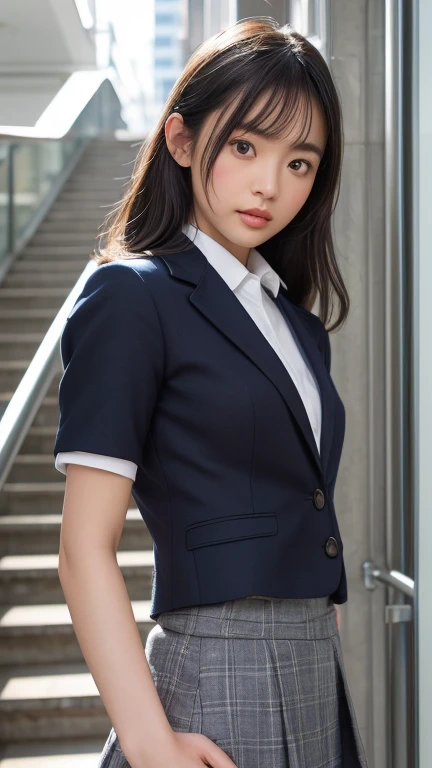 Escalator Skirt、Short coat、(Lower body close-up))、Rear View、((Panty shot))、((Detailed face))、((Symmetrical eyes))、((Detailed eyes))、Very low camera angle、Leaning forward.Panties under skirt.She turned to the cameraman..The pants are tucked into the skirt.D...