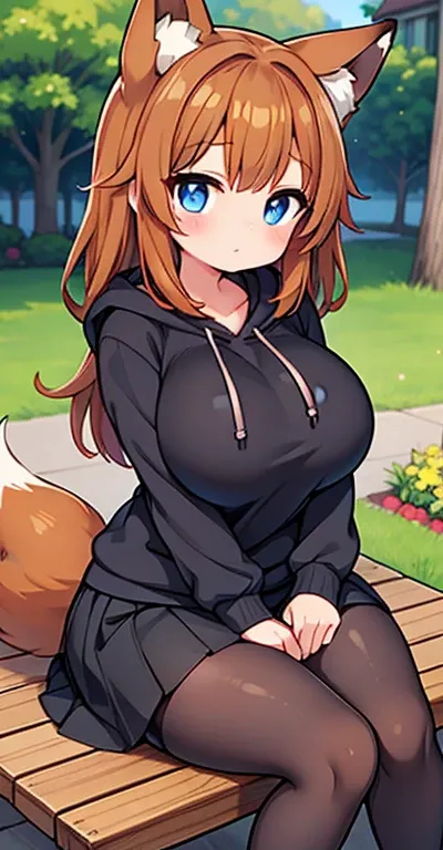 Beautiful Girl, Foxgirl, with lush Brown hair, Big Beautiful Blue Eyes, wide hips, large thighs, and a voluptuous figure. Wearing a Black hoodie, and Black Skirt. Sitting on wooden bench, in a city park, mild closeup, Fox Ears, Soft fluffy orange fur, fox ...