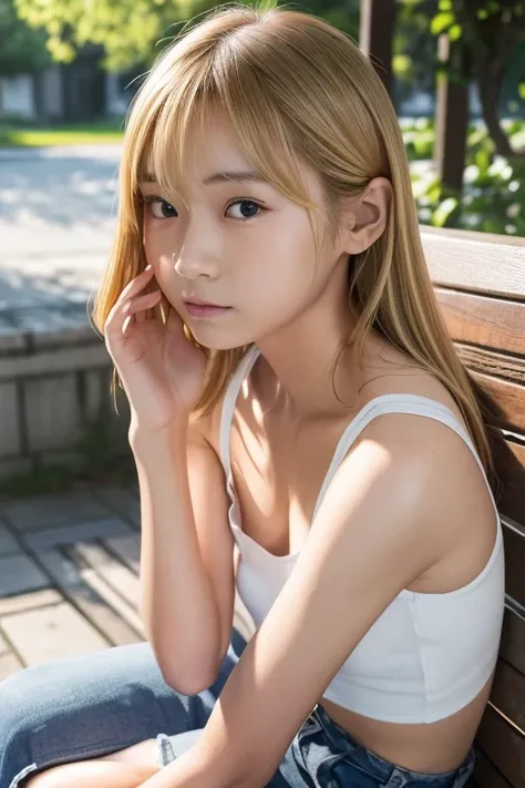 (Real),８KCG,High resolution,Create a photo of a Korean Asian teenager,beautiful girl, ((Blonde)),((9yo)),Narrow eyes:1.5,Slim Face,Underarm,White tank top,No arm hair,(Small Face:1.3),Slim Face,Ask,outdoor Sit on  simple bench,
1人の女の子, 足をフレーム外へ,(((もっと平らな胸:...