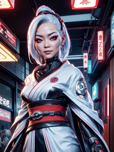 cyberpunk old seventy years old geisha, cyberpunk face enhancement, asian Woman ,in Japanese cotton! silver kimono!, cyberpunk prosthetic arm, cyberpunk face cyberware, female with white hair, Xtreme, breasts, small breasts, , cyberpunk Japanese kimono cot...