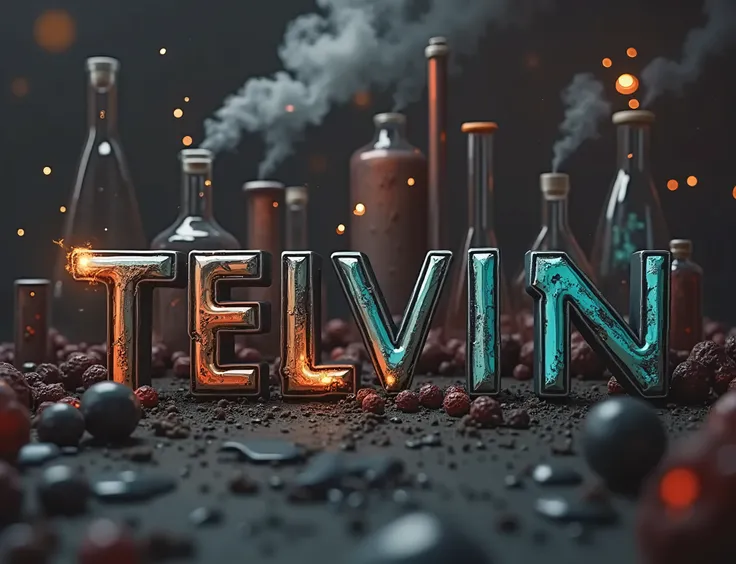 Using that Table of Elements create the name "Telvin" using the Symbols of the elements: Tellurium, Livermorium, Iodine and Nitrogen put a cool  sciency background with chemicals spilled all over and scorching the name a little bit 