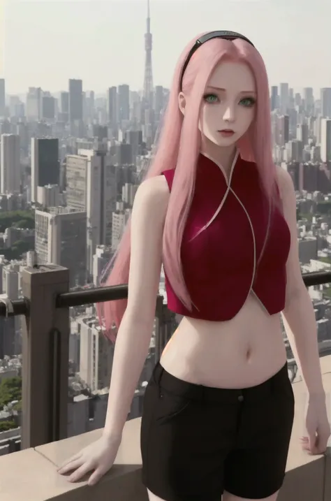 beautiful young girl, with long pink hair, green eyes, light porcelain skin, thin waist, small breasts. Dressed in a red vest and black mid-rise trousers. In the background is the Tokyo cityscape with neon signs. Small purple diamond on forehead