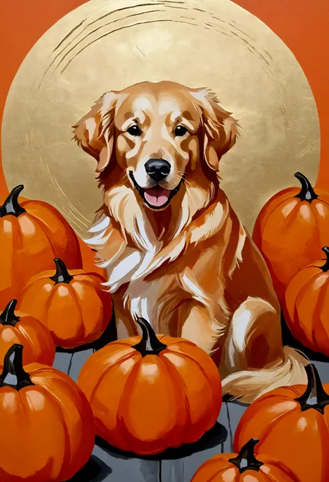 Golden Retriever: quirky appearance folk-art Halloween wall art, vintage art, orange theme