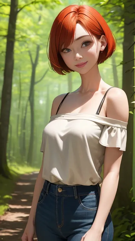 (Best Picture Quality), (Masterpiece), (High Resolution), 16k, background:Forest Walking Trail、Sunlight filtering through the trees、stroll、Slender, One Woman, 40 years old, Asymmetrical bob cut hair, Orange Hair, Large Bust, Brown eyes, (Off-the-shoulder c...