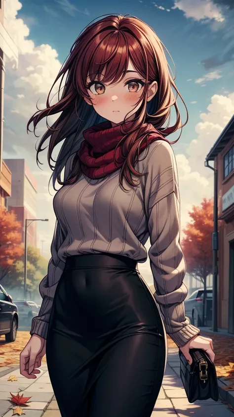 ((((masterpiece, best quality:1.8, high detail)))), (1girl), beautiful woman, lower body, bright brown eyes, shy, wide-eyed, blush, solo focus, long hair, ((dark red hair)), ((white sweater)), (scarf), ((black midi pencil ((skirt)))), ((long skirt)), slim ...