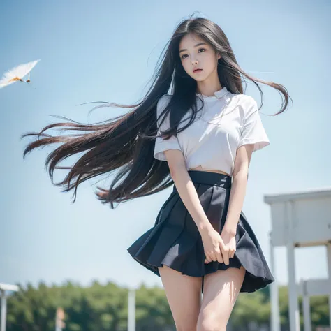 (((Innocent and cute junior high school students))), (The strong wind made her skirt flutter:1.4), ), Beautiful silky long hair, Immersion, Beautiful eyes, Ultra-high resolution, ((Thin thighs:1.3, Inner thigh:1.4)), Slender body lines, ((Tight waist:1.2))...